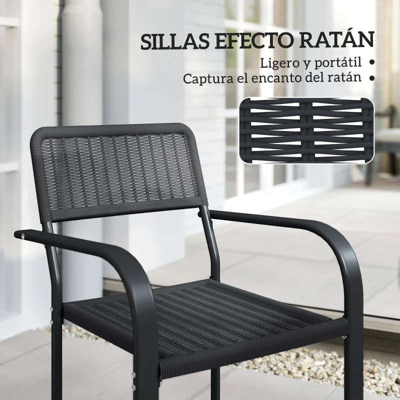 Outsunny Juego de 4 Sillas de Jardín Exterior Apilables con Reposabrazos Respaldo y Marco de Acero 55x60x83 cm Negro