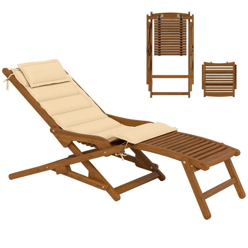 Outsunny Tumbona Silla Plegable de Madera con Reposapiés Desmontable y Cojín con Reposacabezas Carga 160 kg 158x61x70 cm Beige