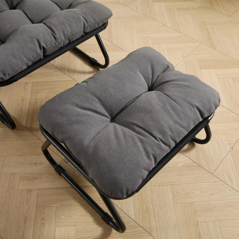 Fauteuil lounge d'extérieur avec pouf, coussin rembourré, tissu sling, structure en acier, Gris