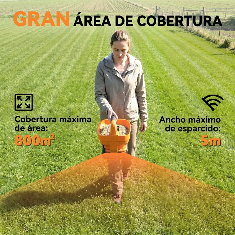 Outsunny Esparcidor Portátil 3,3 L 8 Niveles de Flujo Ancho Dispersión Ajustable Puerto USB para Césped Sal hasta 800 m² Naranja