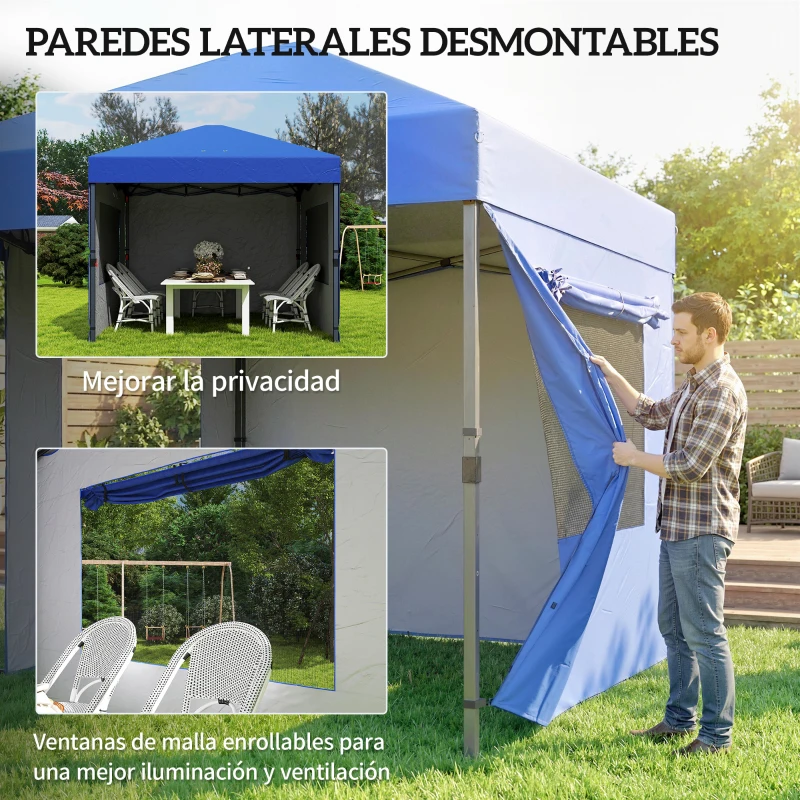 Outsunny Carpa Plegable Pop-up 3x3 m con 3 Paredes 2 Ventanas Altura Ajustable UPF50+ Bolsa Transporte y Sacos de Arena Azul