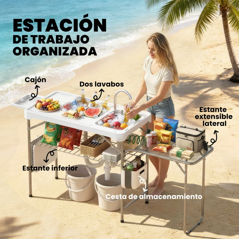 Outsunny Mesa de Limpieza de Pescado Plegable Portátil con 2 Fregaderos Grifo Manguera Estante Lateral Cesta y Ranuras Blanco