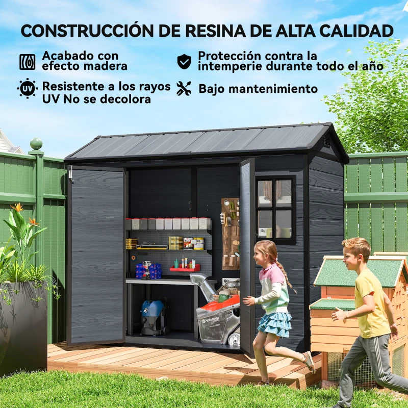 Outsunny Cobertizo de Jardín Exterior 2,77 m² 244x131x201 cm con Suelo Puertas con Pestillo Ventanas y Ventilación Gris Oscuro