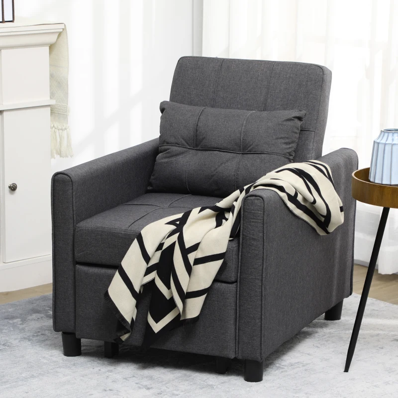 HOMCOM 3-In-1 Linen-Look Single Chair Bed with Adjustable Back & Eucalyptus Wood Sofa Frame - Grey