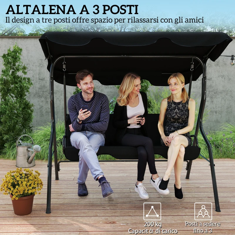 Outsunny Dondolo 3 Posti con Tettuccio Regolabile e Cuscini, in Acciaio e Poliestere, 170x110x153 cm, Nero