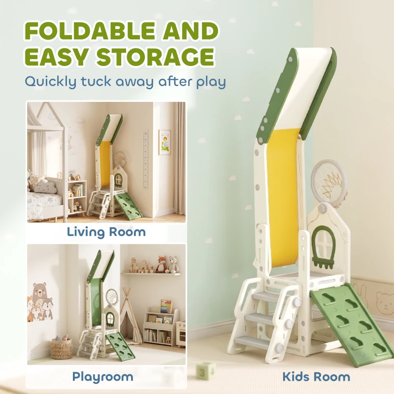 AIYAPLAY Foldable 4 in 1 Toddler Slide with Climber, Basketball Hoop, Storage Space and Basketball for Ages 1-3 Years, Cream