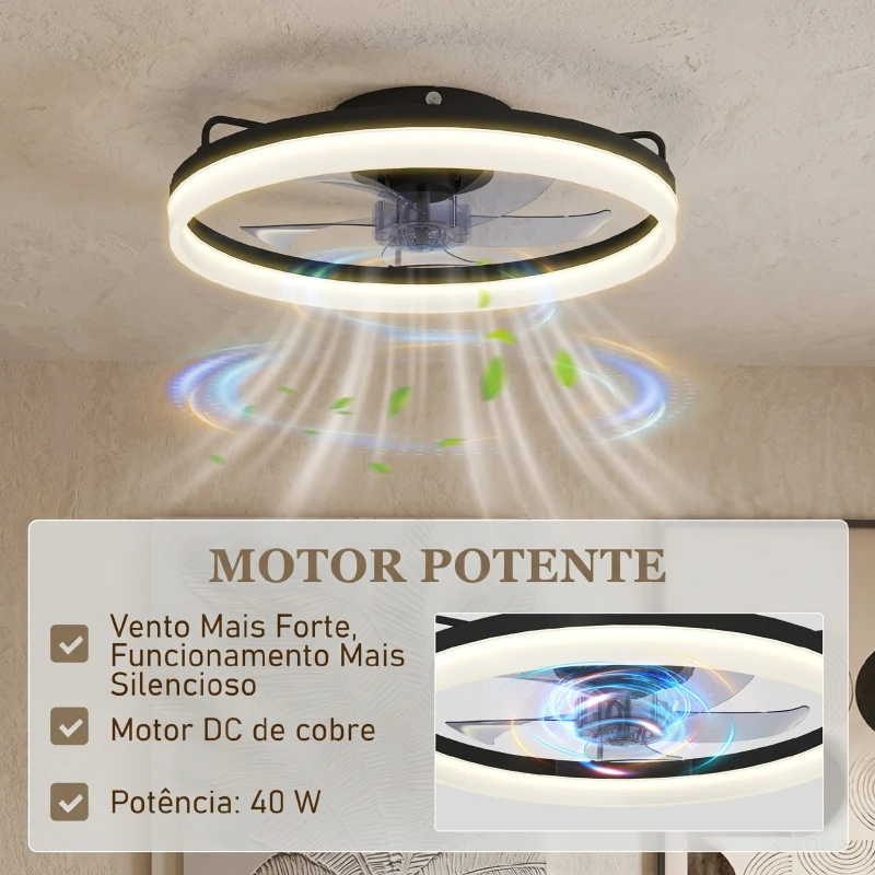 HOMCOM Ventoinha de Teto com Luz LED 40 W Motor DC Reversível Comando Remoto 6 Velocidades 3 Cores Temporizador Preto