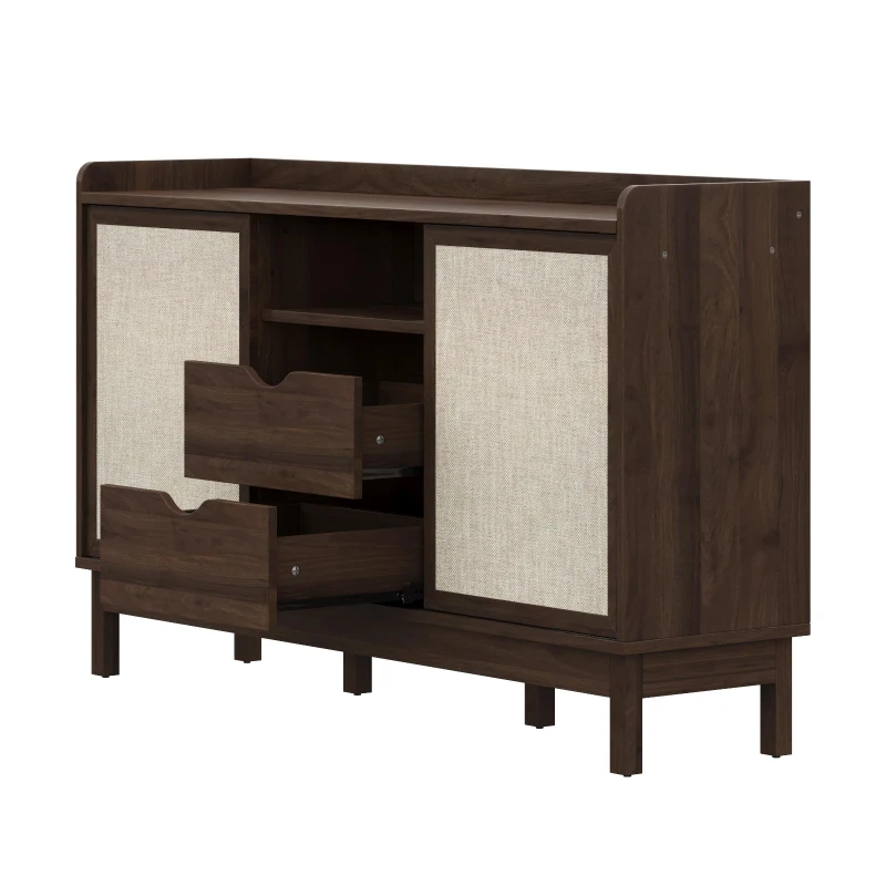 Buffet bas avec portes coulissantes et tiroirs, effet color-block, tablettes réglables, 150x39,5x80 cm, Couleur naturelle