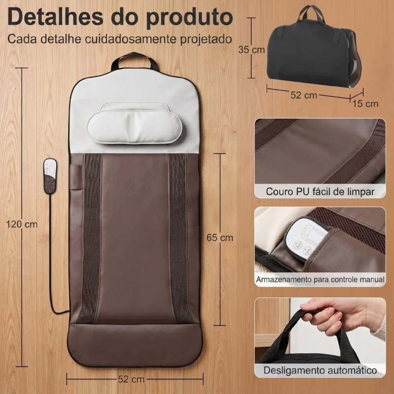 HOMCOM Colchão de Massagem Corporal com Aquecimento e Comando, Dobrável, 120x52x9 cm Castanho e Branco