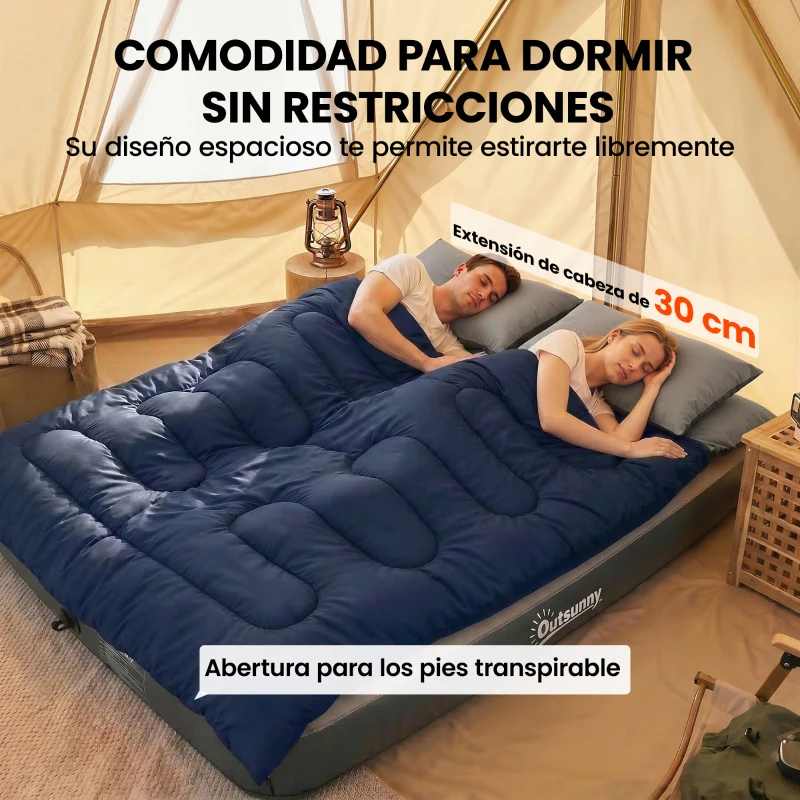 Outsunny Saco de Dormir Doble para Adultos Tamaño Queen para 2 Personas con 2 Almohadas y Bolsa Transporte Azul Oscuro
