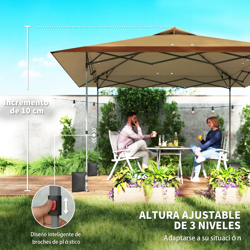 Outsunny Carpa Plegable Pop-up 4x4 m con Bloqueo Central UPF50+ Altura Ajustable Bolsas de Arena y Bolsa con Ruedas Beige y Café
