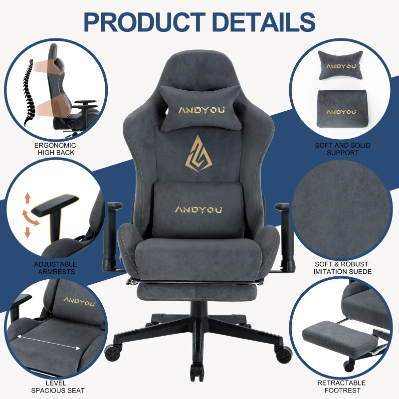 ANDYOU Atmungsaktiver Gaming-Stuhl mit Fußstütze, verstellbar und drehbar, Grau
