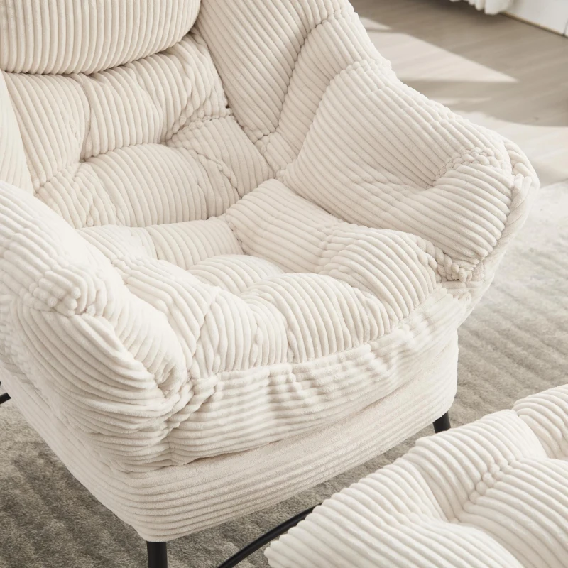Fauteuil lounge avec pouf, accoudoirs et une poche latérale, revêtement en flanelle, 69,9x64,0x95,0 cm, Blanc