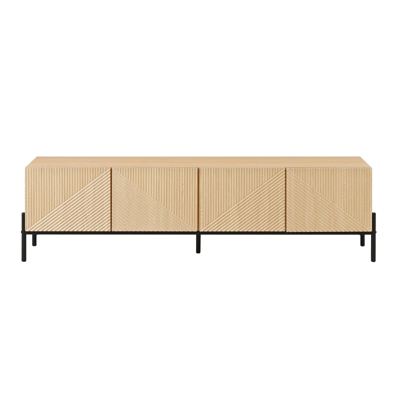 Meuble TV bas avec 4 portes à ouverture par pression, design géométrique, piètement en métal, 163,5x40x45 cm, Couleur naturelle