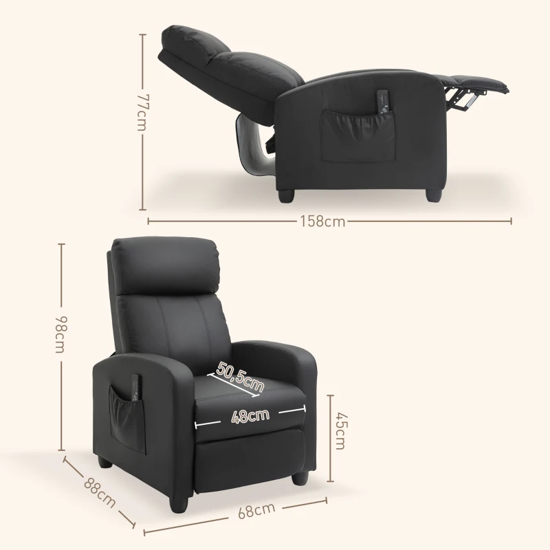 HOMCOM Sillón de Masaje Reclinable con Mando a Distancia Bolsillo Lateral y Temporizador Tapizado en PU 68x88x98 cm Negro
