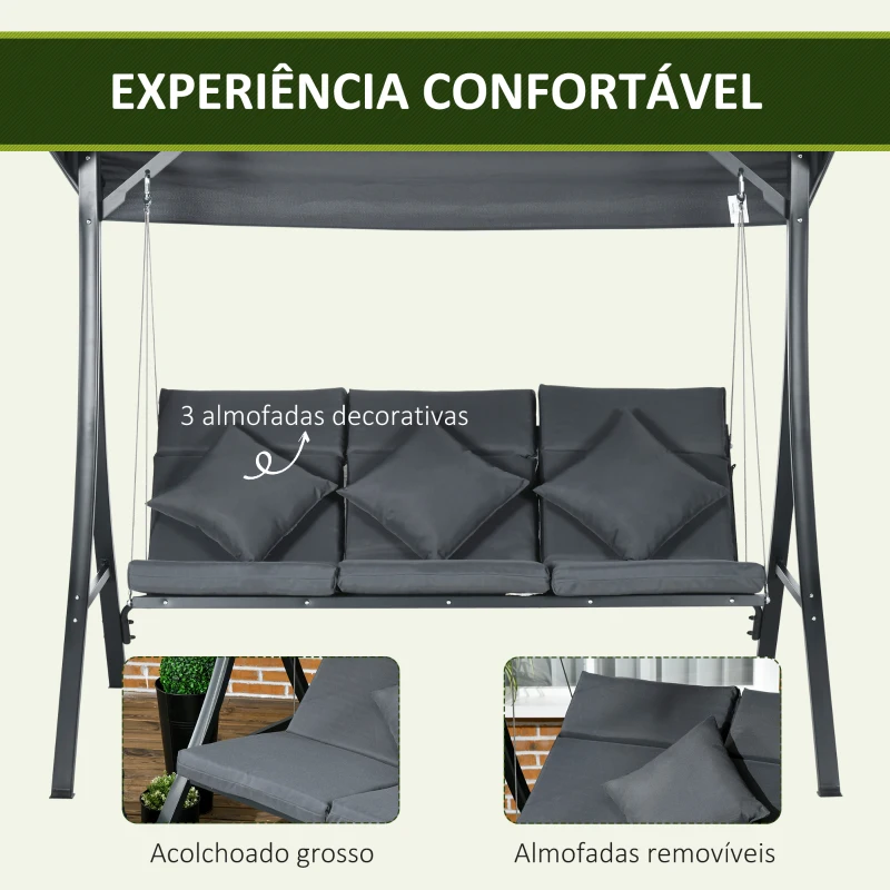Outsunny Baloiço de Jardim Exterior de 3 Lugares com Toldo Ajustável e Estrutura de Aço 202x115x168 cm Cinzento Escuro