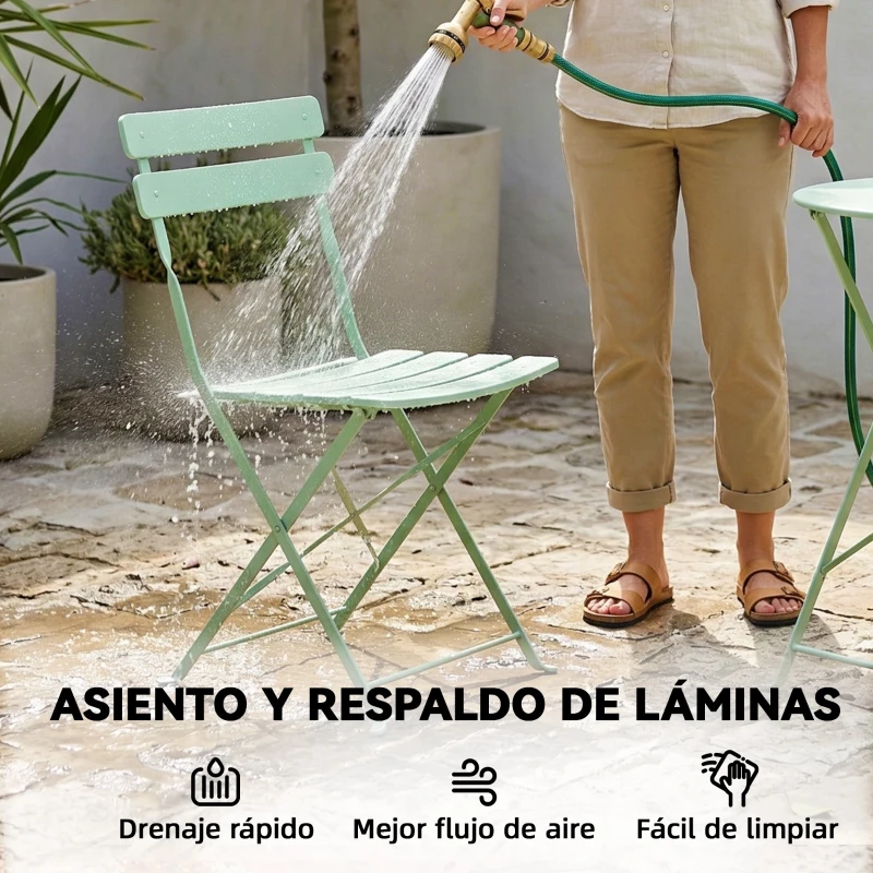 Outsunny Conjunto de Jardín Plegable con 2 Sillas Plegables Mesa Redonda Estructura Metálica Electrofórica para Balcón Verde