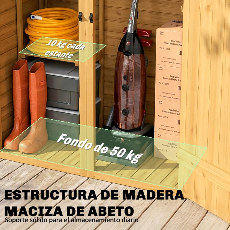 Outsunny Caseta de Jardín de Madera 115x53x156 cm Armario para Herramientas con Puertas Dobles y Estantes Techo Inclinado Marrón