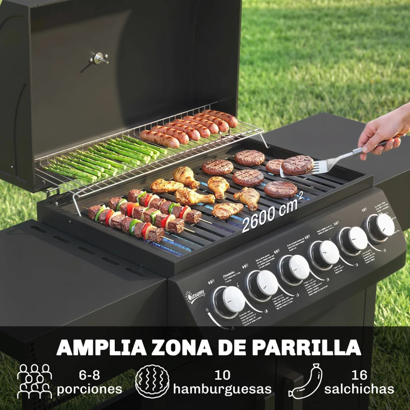 Outsunny Barbacoa de Gas con 6 Quemadores 15 kW Termómetro Parrilla Mesas Laterales Armario y Ruedas 135x51x101 cm Negro