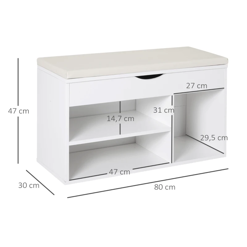 HOMCOM Banc à chaussures, meuble range-chaussures gain de place avec siège rembourré basculant pour l'entrée en bois, 80x30x47cm, Blanc
