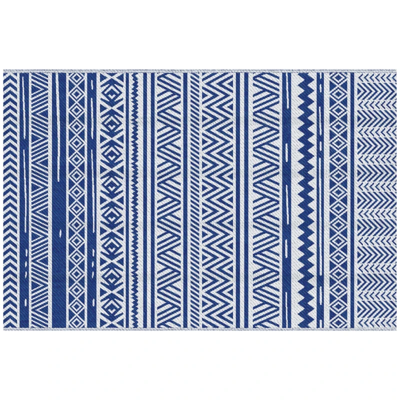 Outsunny Tapete de Exterior 182x274 cm Tapete Reversível Estilo Moderno para Varanda Pátio Campismo Praia Azul Escuro e Branco