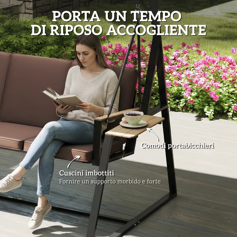 Outsunny Dondolo da Giardino 3 Posti con Tettuccio Regolabile, Dondolo da Esterno in Metallo con Vassoi Porta Bicchieri, Cuscini Imbottiti, Portata 360kg, per Terrazzo Balcone, 222x131x175 cm, Marrone