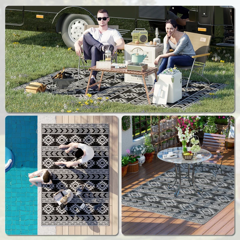 Outsunny Alfombra de Exterior Reversible 182x274 cm Impermeable Anti-UV para Viajes en Autocaravana Negro y Gris