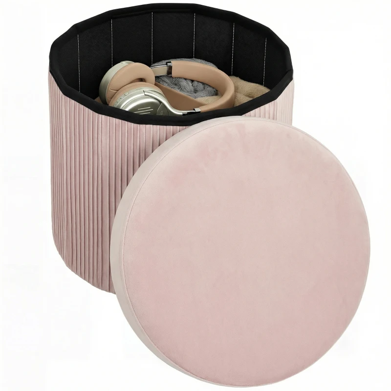 HOMCOM Puff Almacenaje Banco Almacenaje Plegable 35 L 38x38x38 cm Tapizado en Terciopelo Baúl de Almacenamiento Redondo Rosa