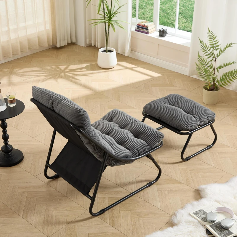 Fauteuil lounge d'extérieur avec pouf, coussin rembourré, tissu sling, structure en acier, Gris