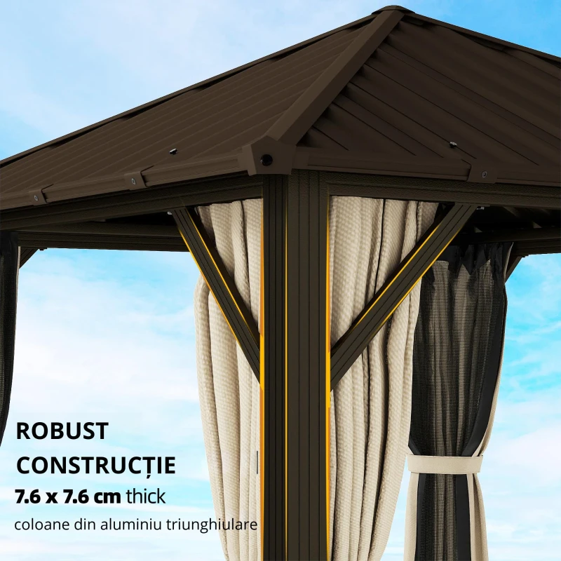 Outsunny Pavilion de grădină aprox. 3 x 3 m pavilion din aluminiu cu acoperiș din oțel Hardtop plasă anti-țânțari 4 părți, UPF50+