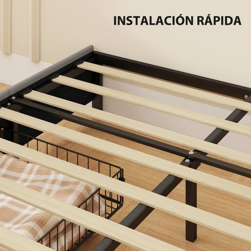 HOMCOM Cama Doble 140x190 cm Somier con 3 Cajones y Estructura de Metal Carga 363 kg Gris