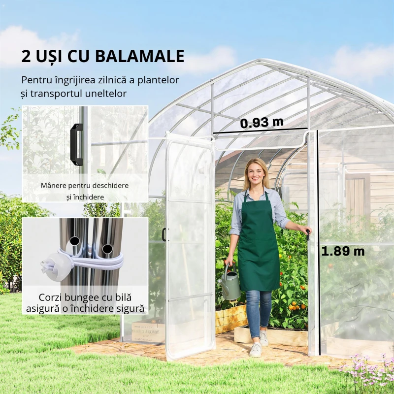 Outsunny Seră tunel cu învelitoare PO, 2 uși cu balamale, seră încălzită cu structură optimizată, transparentă