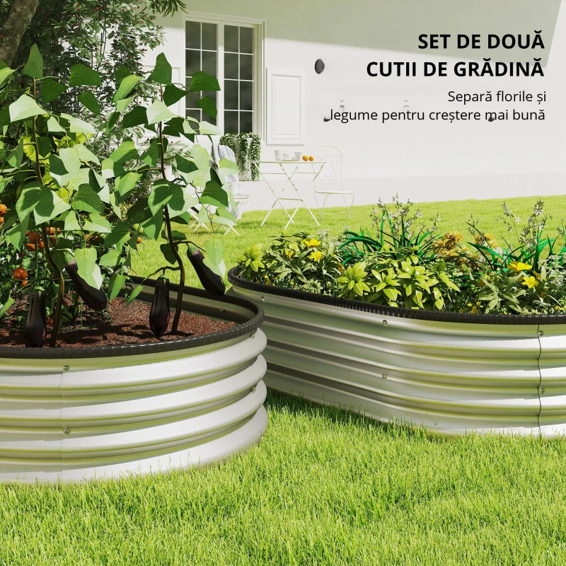 Outsunny Paturi înălțate metalice Set de 2 135 x 90 x 30 cm Paturi ovale cu bandă de cauciuc