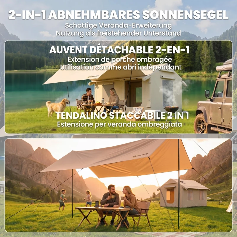 Outsunny Corturi Gonflabile Impermeabile pentru Glamping cu Orificiu pentru Sobă pentru 6-8 Persoane