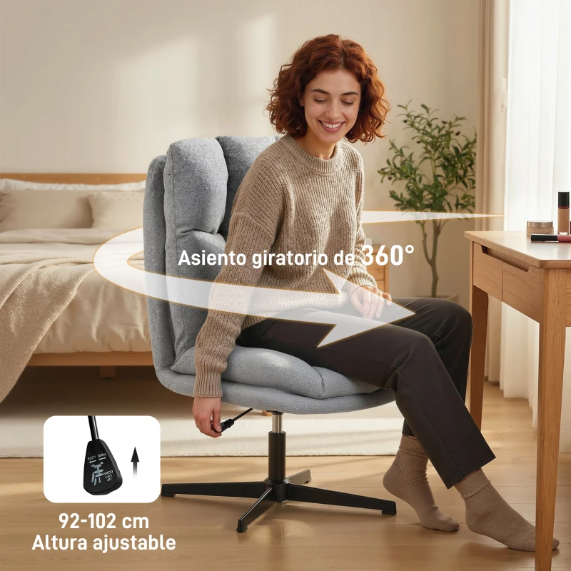 HOMCOM Butaca de Salón Giratorio 360° Altura Ajustable Asiento Ancho Tapizado en Lino Base de Metal Gris Claro