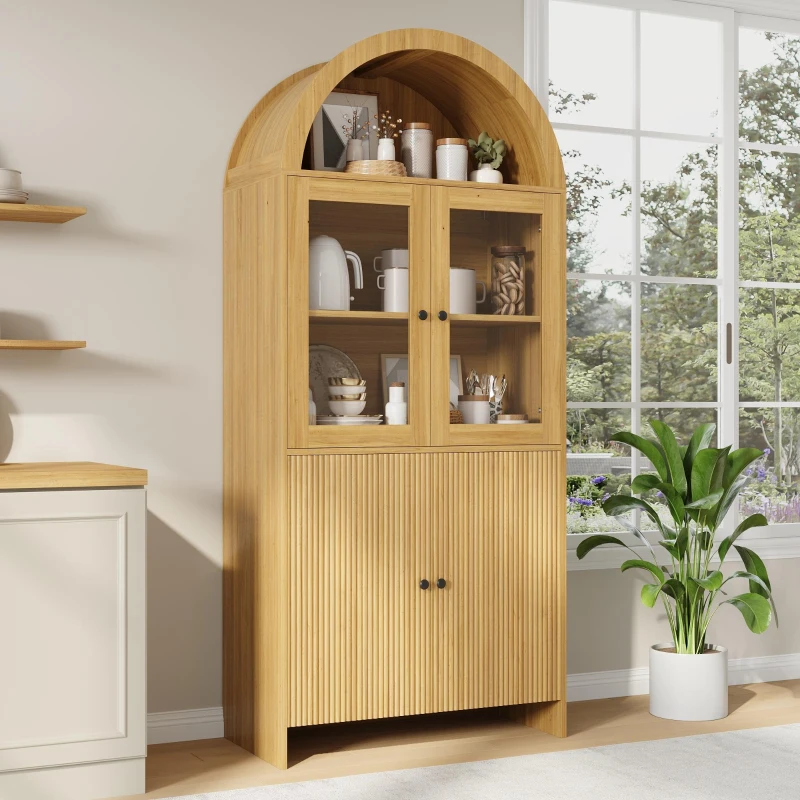Buffet haut avec dessus cintré, portes vitrées, motif ondulé, 78x40x176 cm, Couleur naturelle