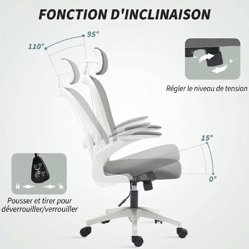 HOMCOM Chaise de Bureau Ergonomique, Fauteuil de Bureau en Maille avec Appui-Tête et Soutien Lombaire Réglables, Gris