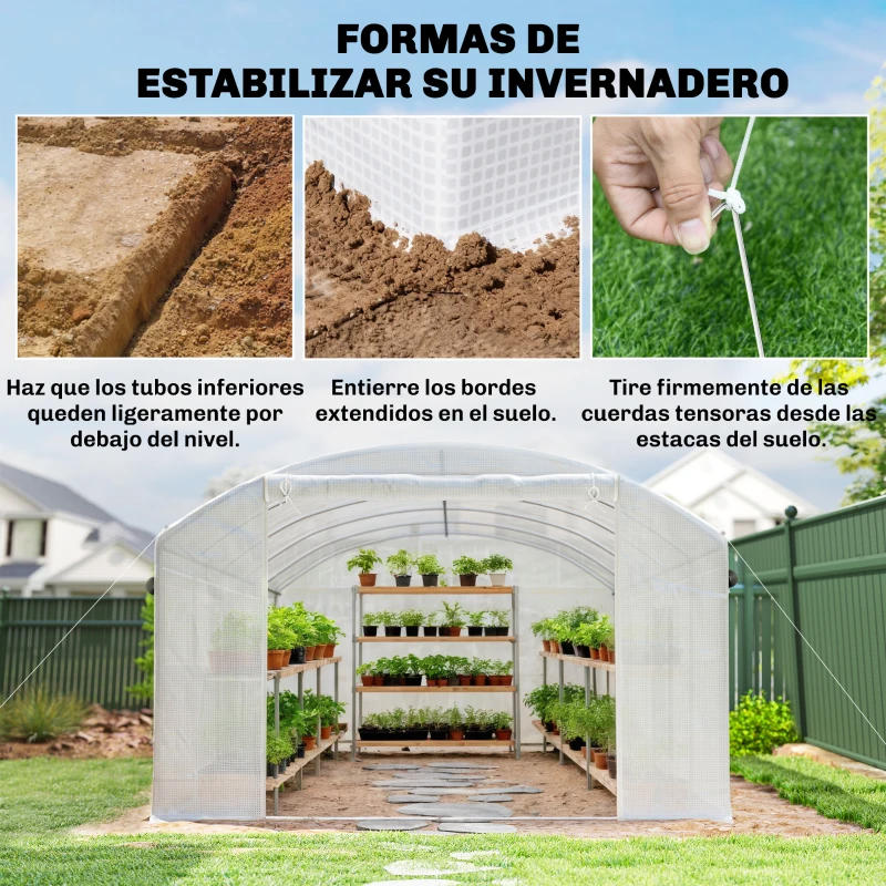 Outsunny Invernadero de Túnel 6x3x2 m con 3 Puertas Enrollables 6 Ventanas de Malla y Estructura de Acero Galvanizado Blanco
