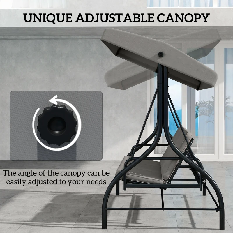 Outsunny 3 Seater Canopy Swing Chair, 2 in 1 Garden Swing Seat Bed, with Adjustable Canopy and Metal Frame, Light Grey