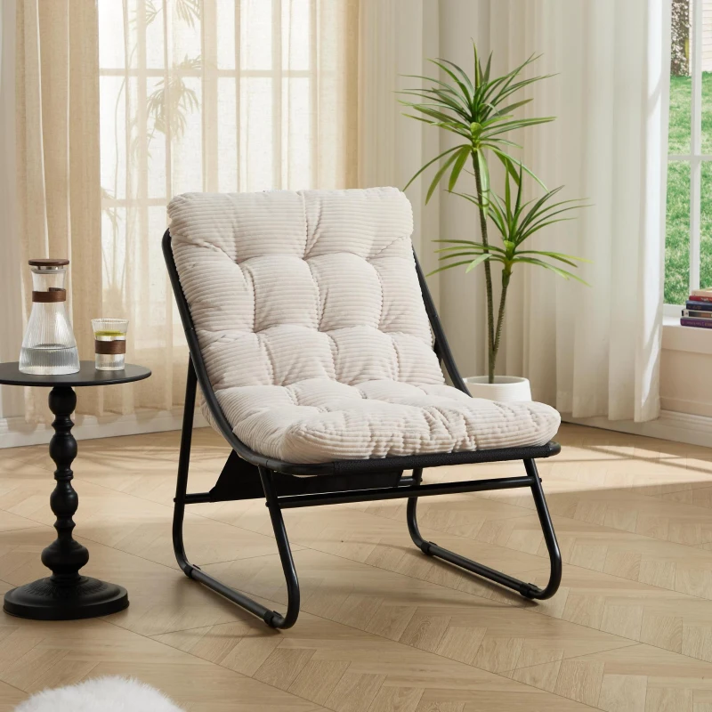 Fauteuil lounge d'extérieur avec pouf, coussin rembourré, tissu sling, structure en acier, Blanc