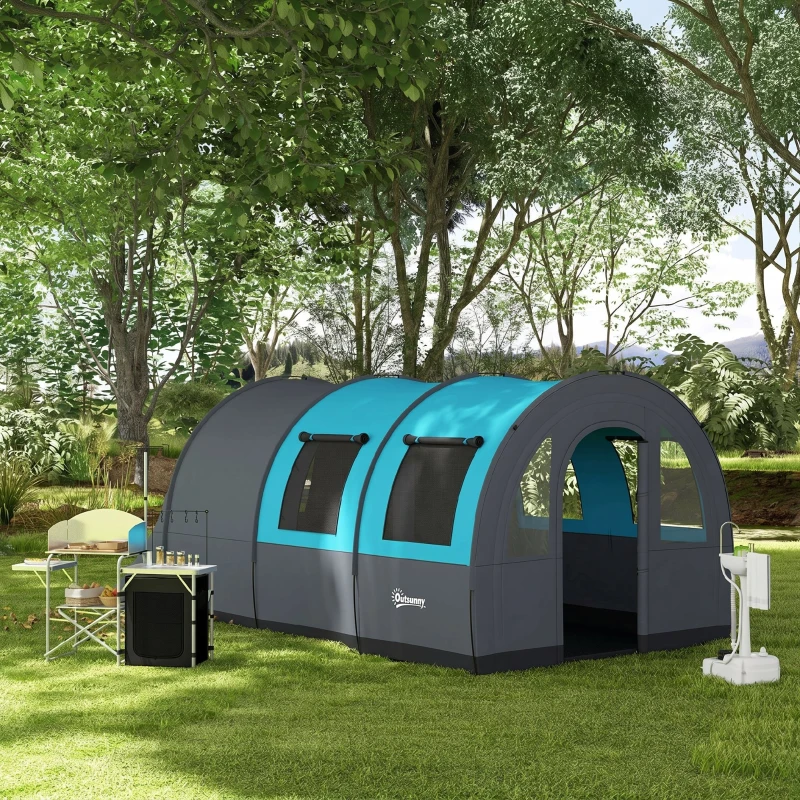 Outsunny Cort de Camping pentru 3 Persoane, Impermeabil, cu Zonă de Dormit și Zonă de Zi, din Poliester, 480x260x200 cm, Gri și Albastru