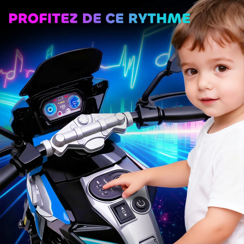 AIYAPLAY Moto électrique enfants 6 V, voiture électrique enfants avec roues d'entraînement, musique, effets lumineux, bleu