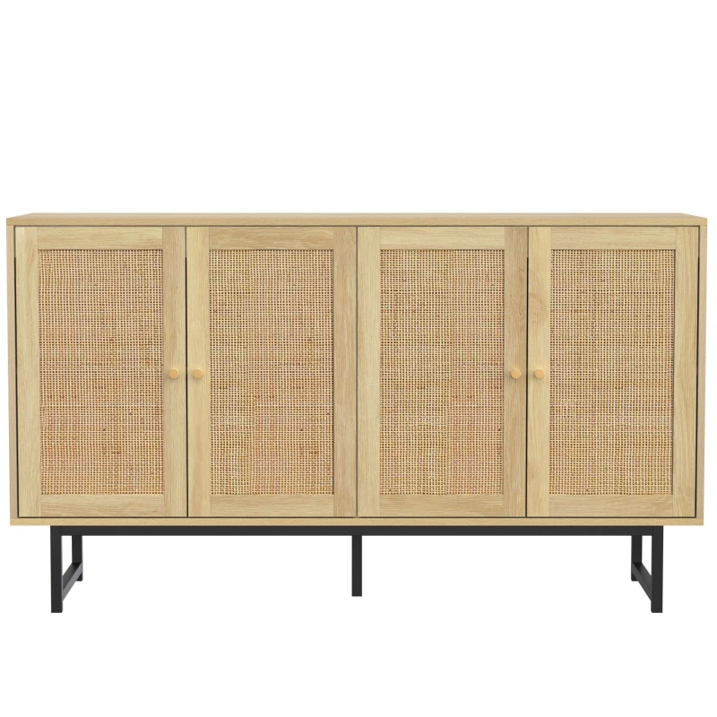 Buffet avec tressage en rotin, 4 portes, étagères réglables, pieds en métal, 140x39,5x80 cm, Couleur naturelle