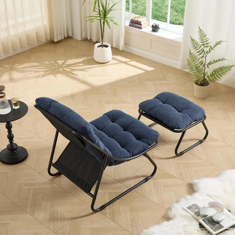 Fauteuil lounge d'extérieur avec pouf, coussin rembourré, tissu sling, structure en acier, Bleu marine