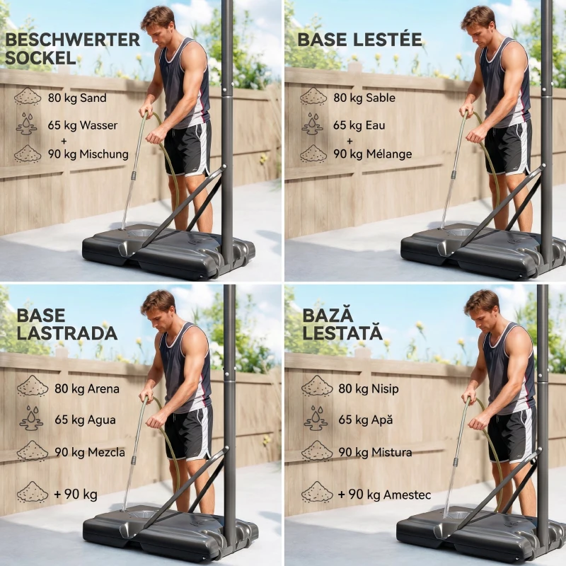SPORTNOW Coș de Baschet Reglabil pentru Grădină și Piscină cu Bază Umplibilă, 110x75x195-370 cm, Negru