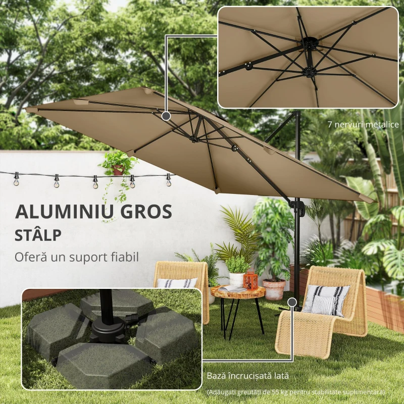 Outsunny Umbrelă cu stâlp lateral pătrată 3 x 3 m, umbrelă de grădină pentru exterior, rotire 360°, înclinabilă 5 poziții, bază în cruce, kaki