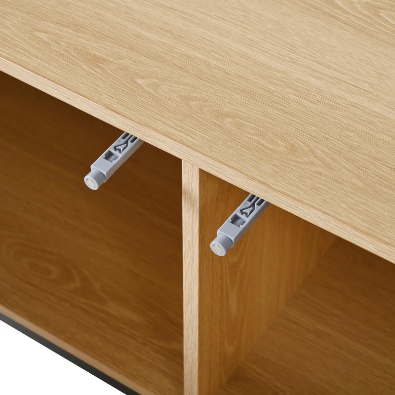 Meuble TV bas avec 4 portes à ouverture par pression, design géométrique, piètement en métal, 163,5x40x45 cm, Couleur naturelle