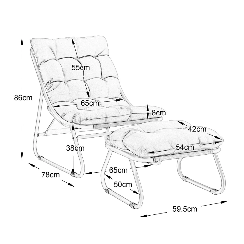 Fauteuil lounge d'extérieur avec pouf, coussin rembourré, tissu sling, structure en acier, Gris