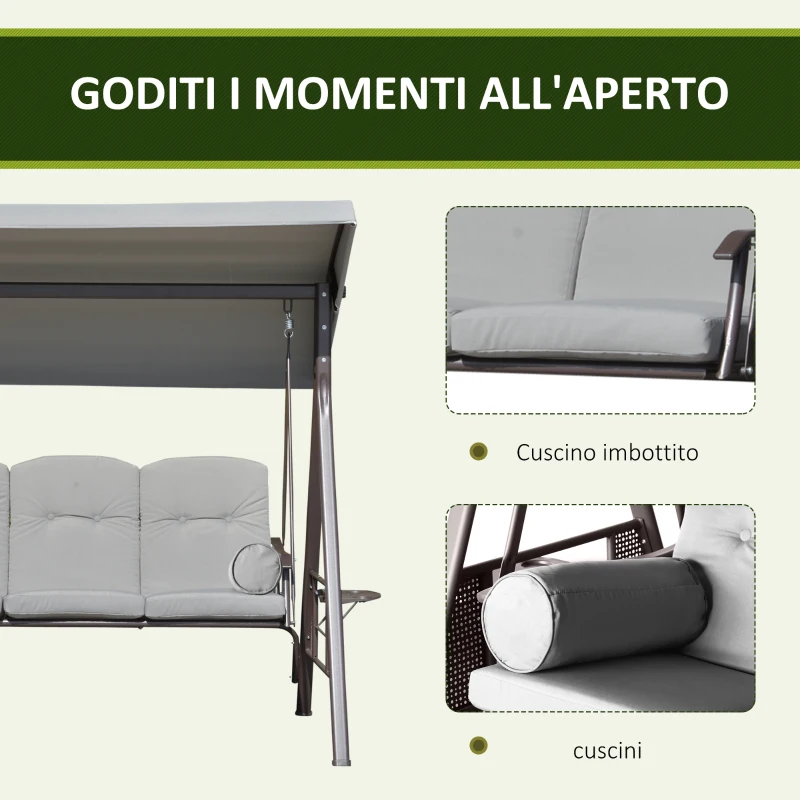 Outsunny Dondolo da Giardino 3 Posti con Tetto Regolabile, Portabicchieri e Cuscini, 208x121x172 cm, Grigio Chiaro