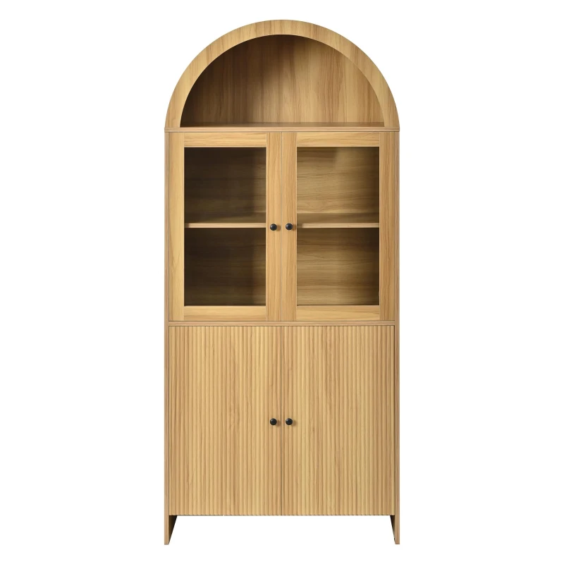 Buffet haut avec dessus cintré, portes vitrées, motif ondulé, 78x40x176 cm, Couleur naturelle